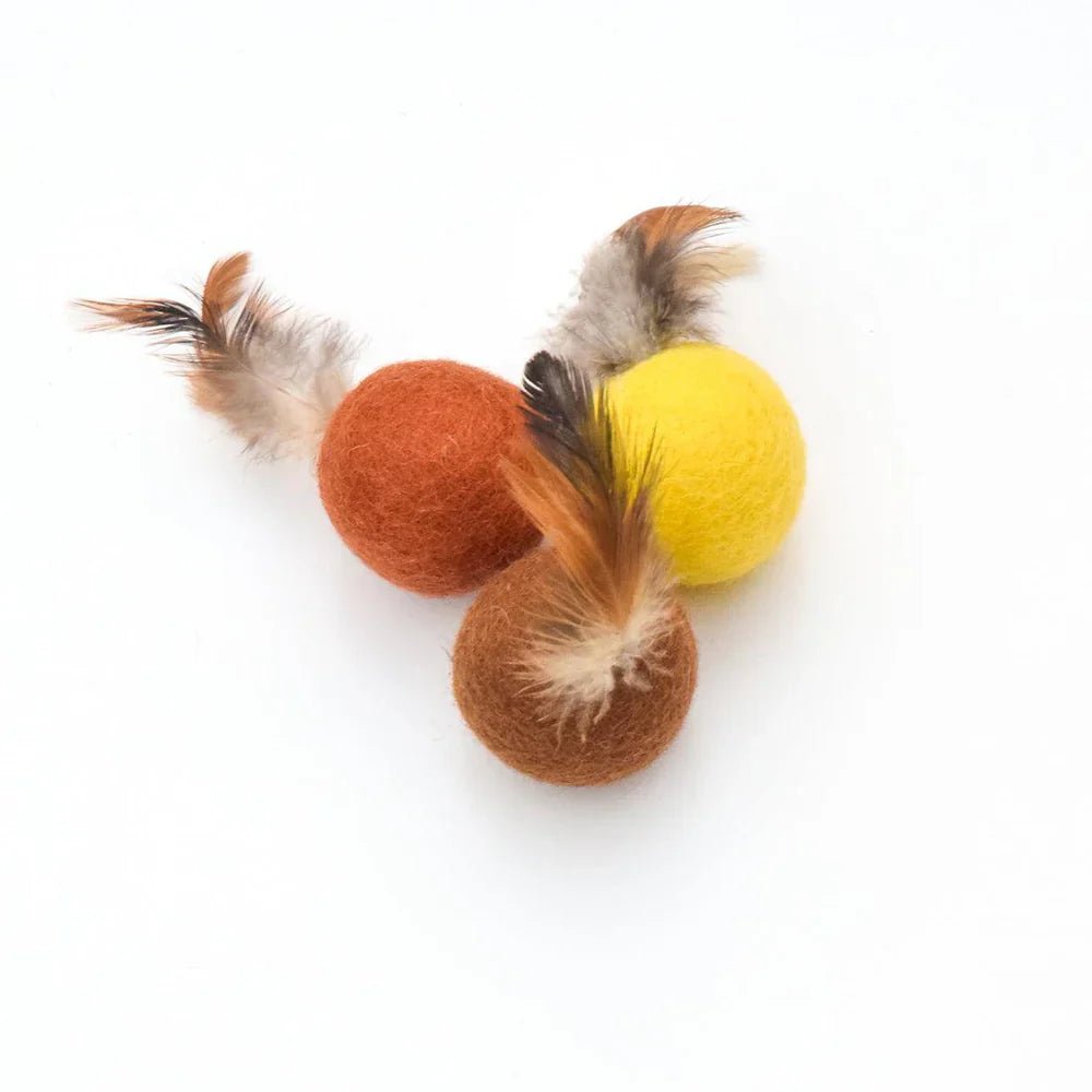 Handmade Feather Felt Balls – Safari Swatters (Set of 3) - Pryde Pets | prydepets.com