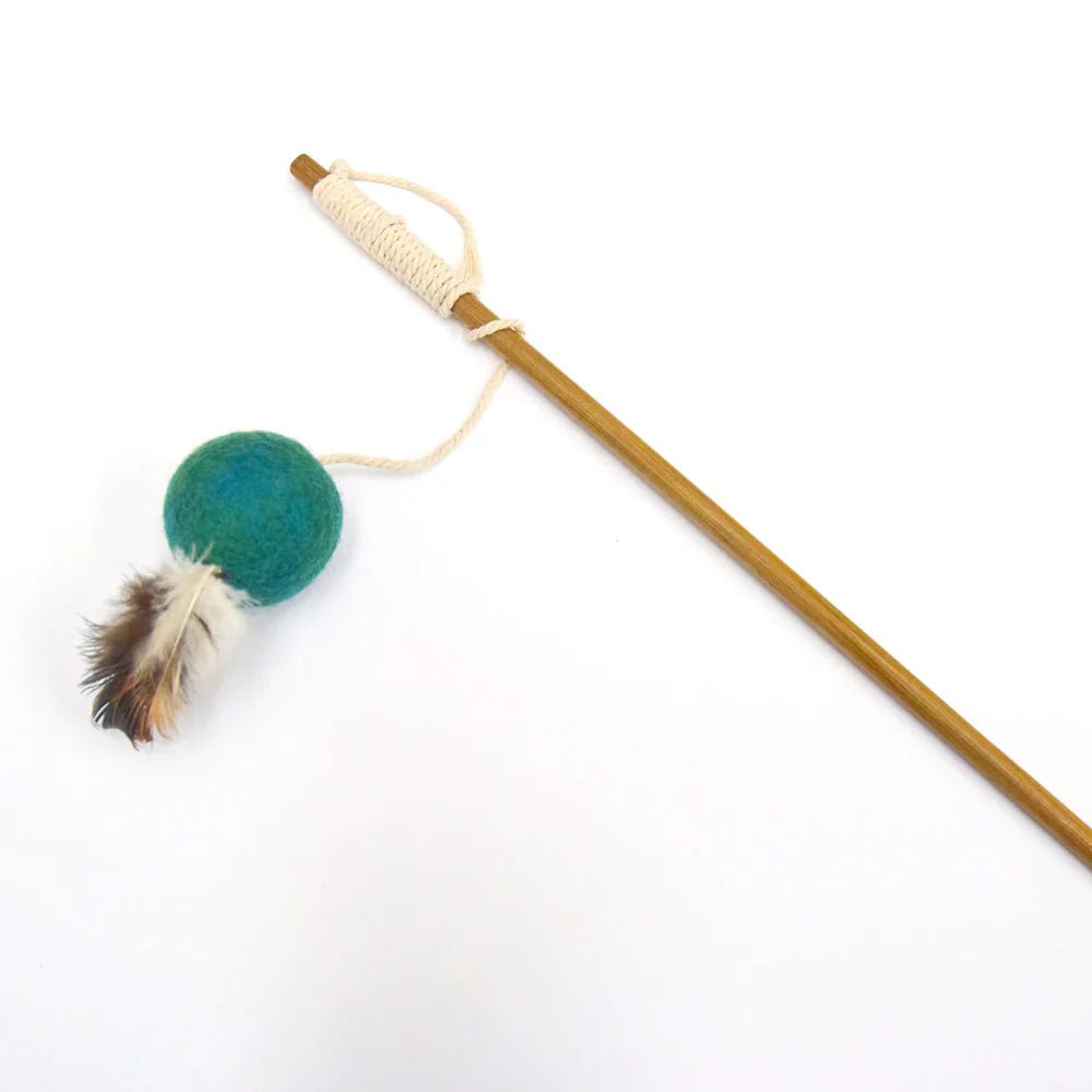 Handmade Feather Teaser Cat Wand - Teal Ball - Pryde Pets | prydepets.com